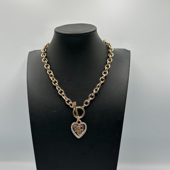 Guess Necklace Rose Gold Heart Pendant Rhinestone Logo Toggle Chain Y2K 20" - Picture 2 of 9